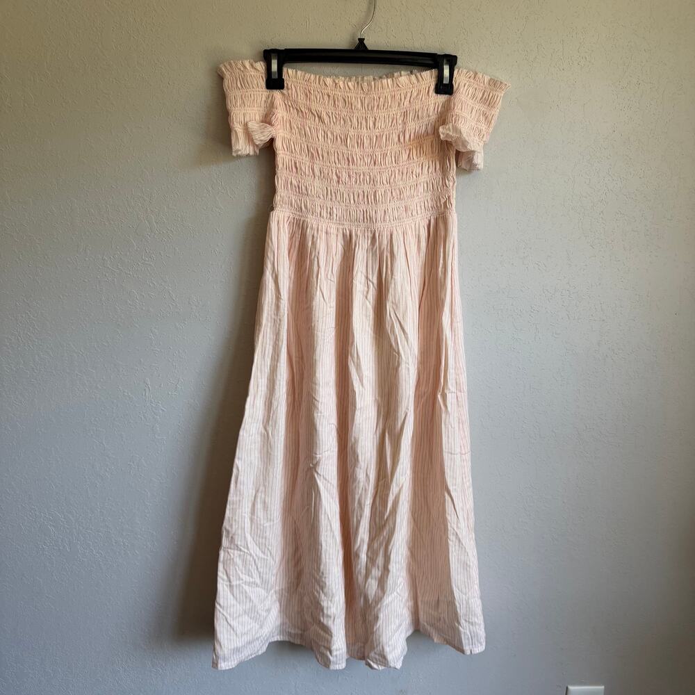 NWT Maisie Pink Pin Stripe Smock Off the Shoulder Midi Summer Sun Dress Womens S